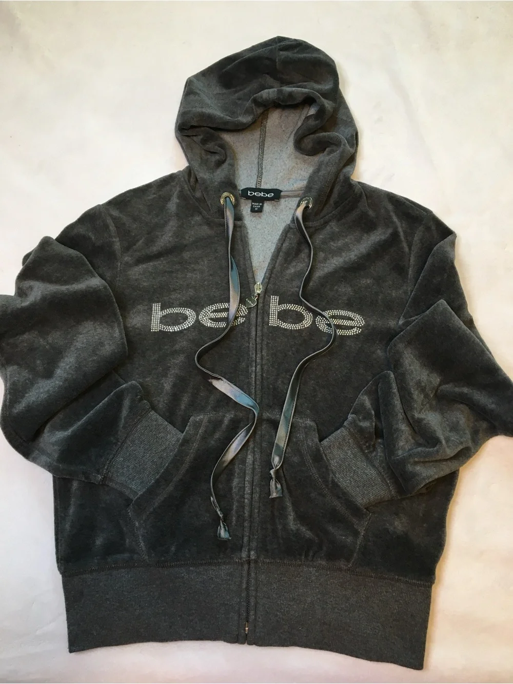 bebe Charcoal Velour Zip Hoodie with Rhinestone Logo
